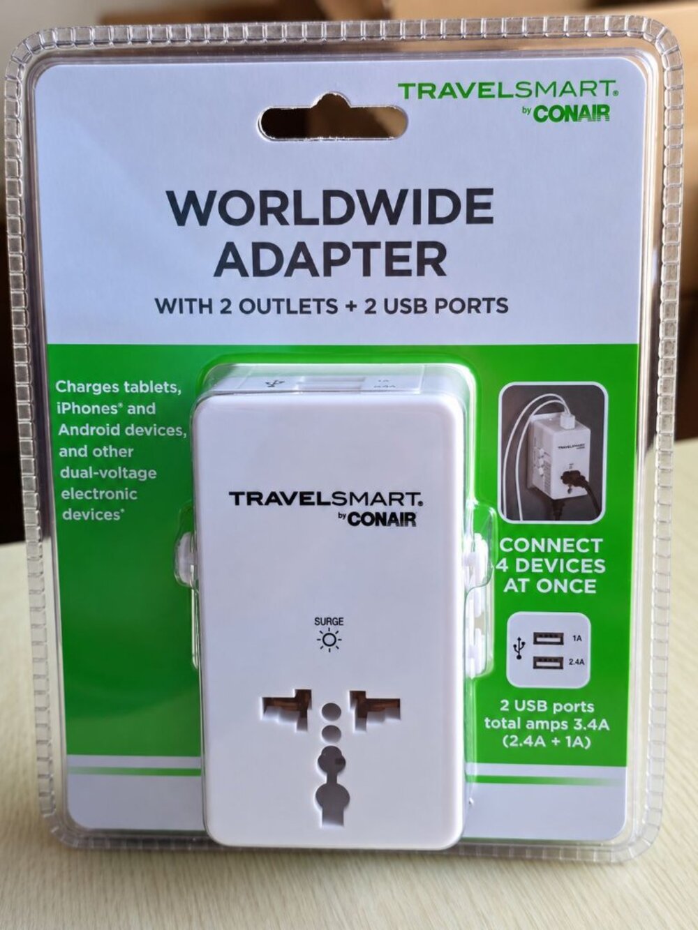 Worldwide Adapter-TravelSmart by Conair-2 Outlets-2 Ports-Sealed